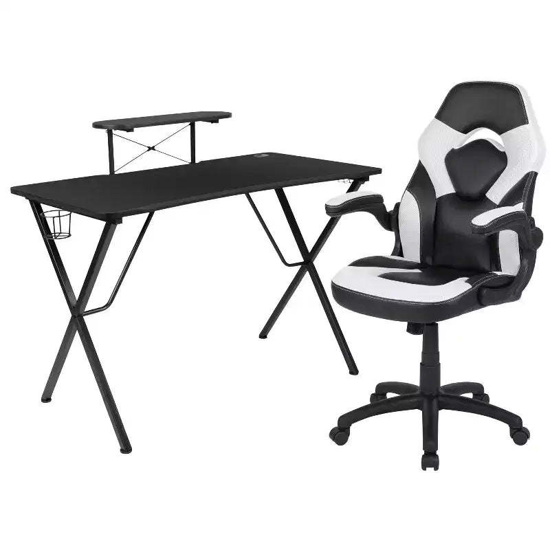 Bureau de jeu et chaise de course avec porte-gobelet, support de casque et support pour écran/smartphone