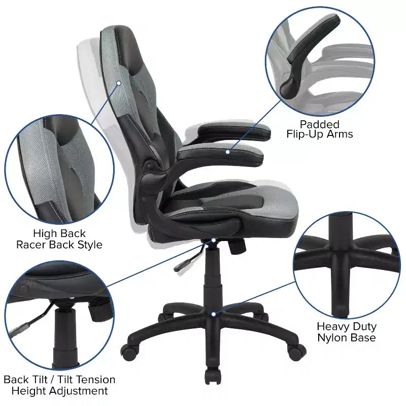 Chaise de bureau de jeu X10 Racing Fauteuil ergonomique réglable pour ordinateur PC avec accoudoirs relevables