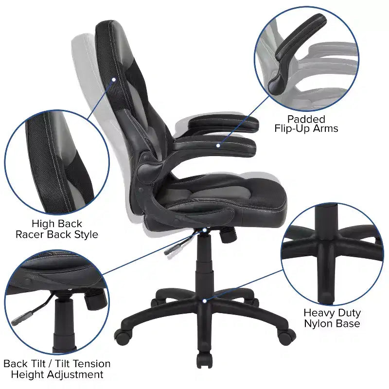 Chaise de bureau de jeu X10 Racing Fauteuil ergonomique réglable pour ordinateur PC avec accoudoirs relevables