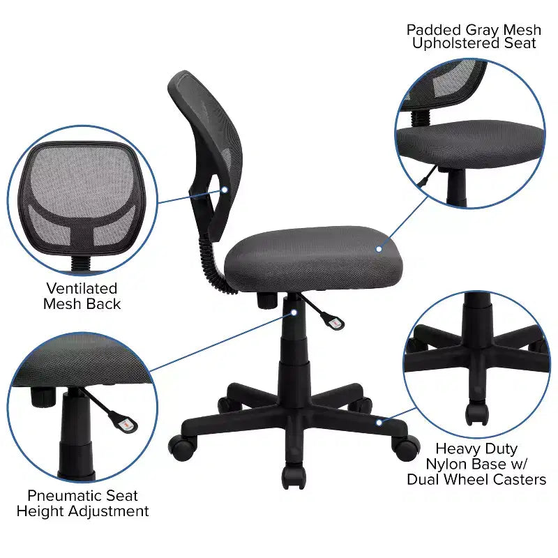 Fauteuil de bureau pivotant à dossier bas en maille avec dossier carré incurvé