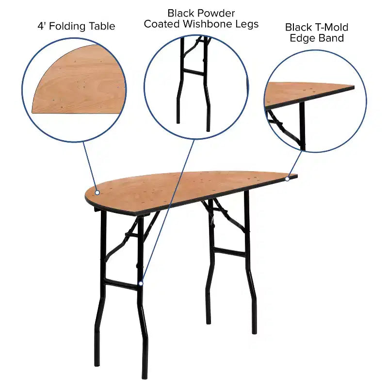 Table de banquet pliante en bois demi-ronde de 4 pieds pour événements et traiteur