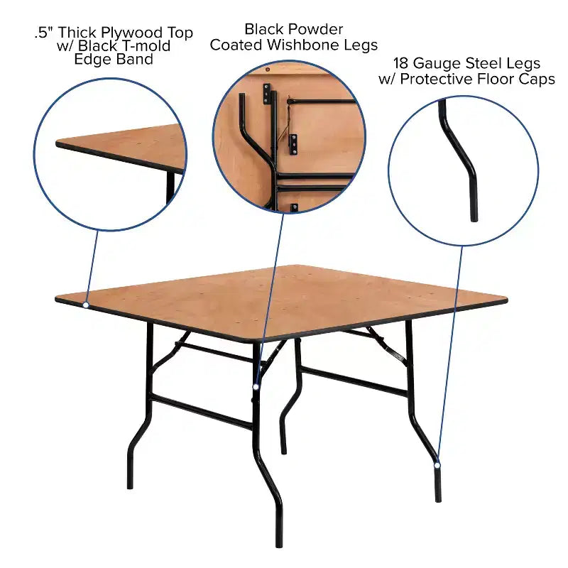 Table de réception pliante carrée en bois de 1,2 m pour événements et traiteur