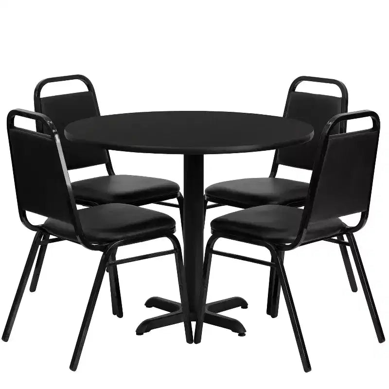 Table ronde stratifiée à piétement en X de 36 po avec 4 chaises de banquet