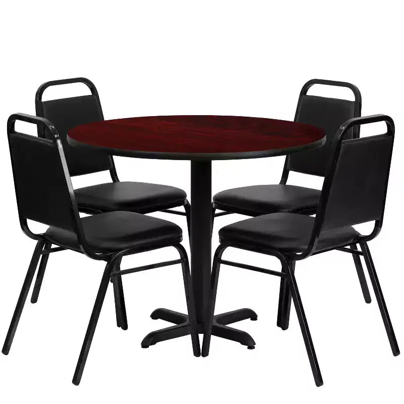 Table ronde stratifiée à piétement en X de 36 po avec 4 chaises de banquet