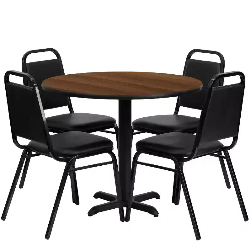 Table ronde stratifiée à piétement en X de 36 po avec 4 chaises de banquet