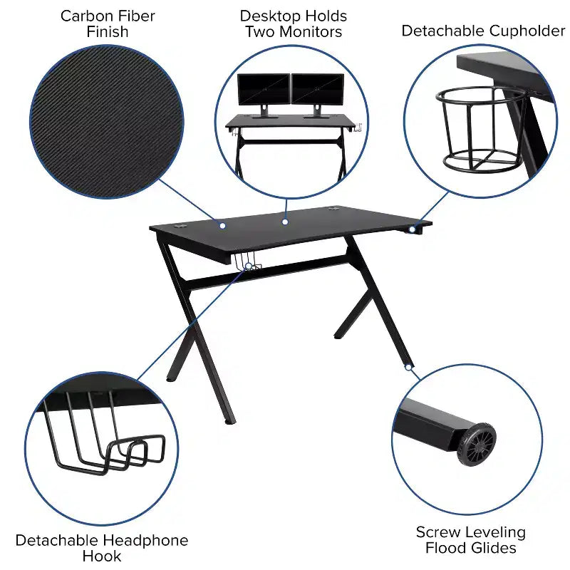 Bureau de Gamer 45,25 x 29 Table d'ordinateur Poste de travail pour joueur avec support de casque et 2 trous de gestion des câbles