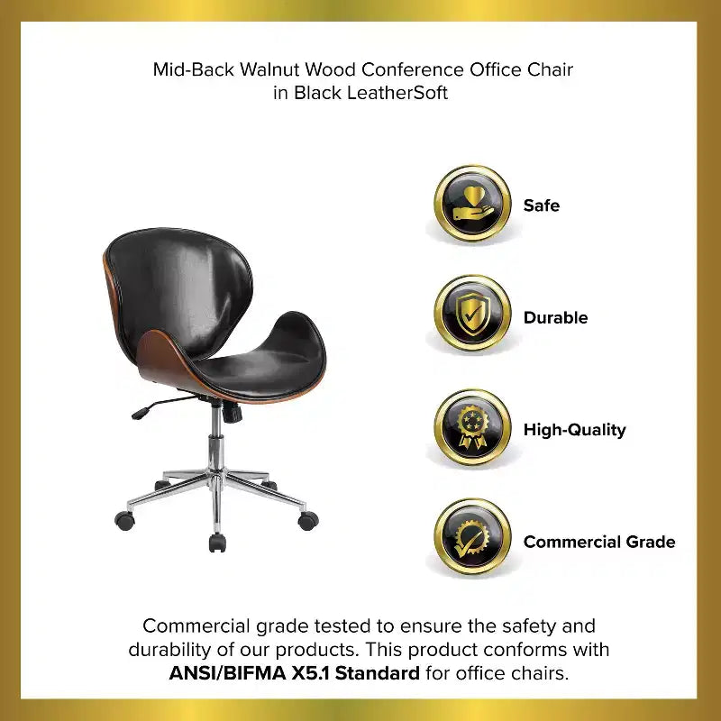 Fauteuil de conférence de bureau mi-dossier en bois avec assise en cuir