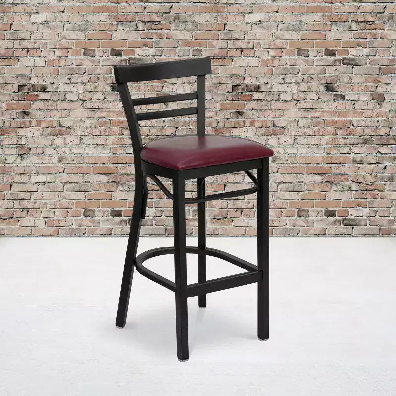 Tabouret de bar de restaurant en métal noir à dossier échelle à deux lattes