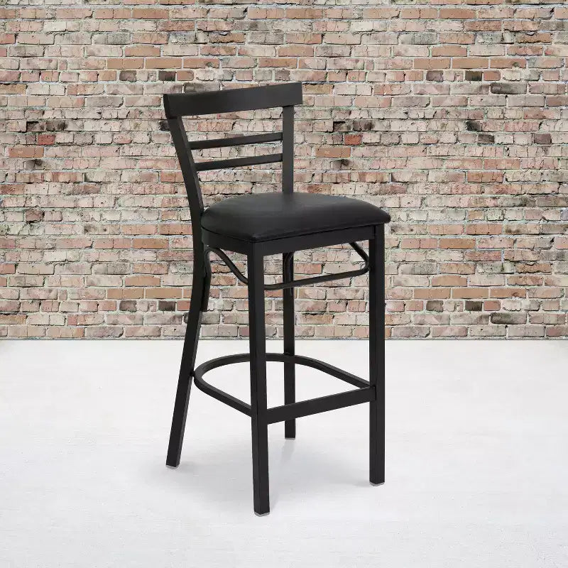 Tabouret de bar de restaurant en métal noir à dossier échelle à deux lattes