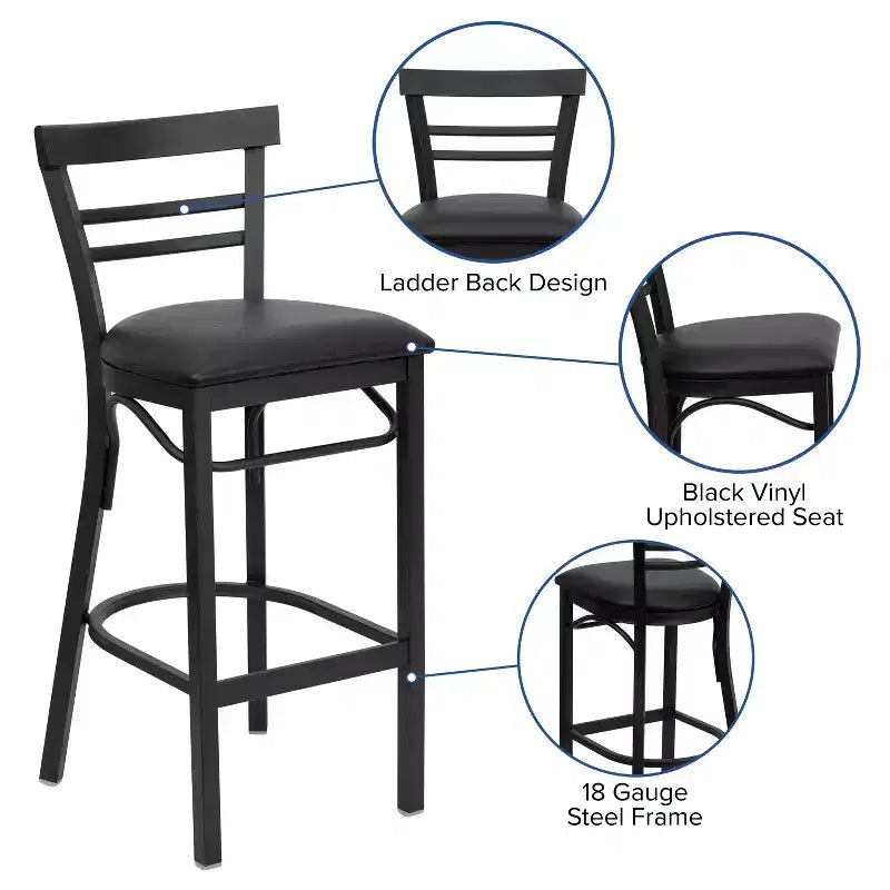Tabouret de bar de restaurant en métal noir à dossier échelle à deux lattes